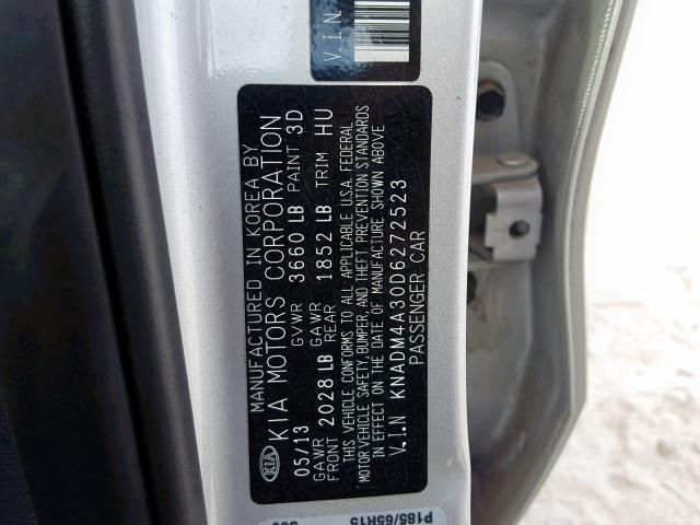 KNADM4A30D6272523 - 2013 KIA RIO LX SILVER photo 10