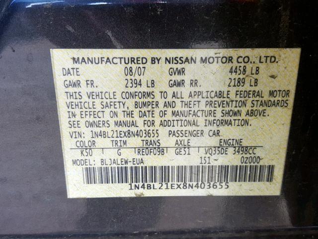 1N4BL21EX8N403655 - 2008 NISSAN ALTIMA 3.5 BLACK photo 10