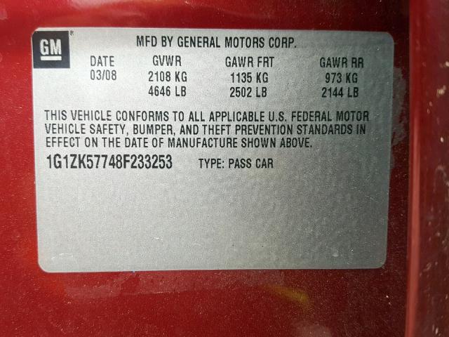 1G1ZK57748F233253 - 2008 CHEVROLET MALIBU LTZ ბურგუნდია ფოტო 10