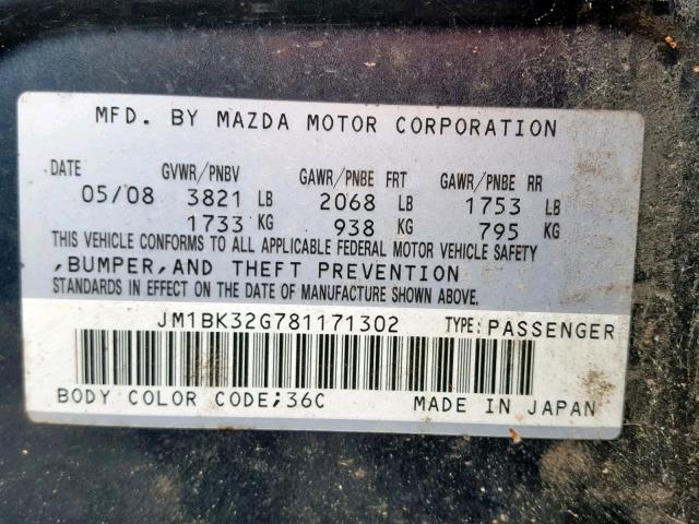 JM1BK32G781171302 - 2008 MAZDA 3 I GRAY photo 10