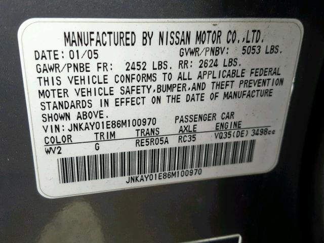 JNKAY01E86M100970 - 2006 INFINITI M35 BASE GRAY photo 10