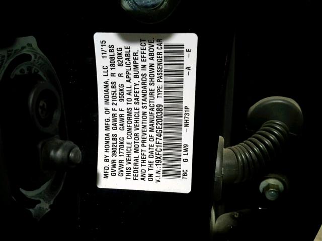 19XFC1F74GE200389 - 2016 HONDA CIVIC EXL BLACK photo 10