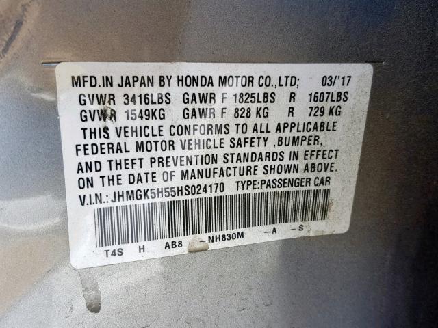 JHMGK5H55HS024170 - 2017 HONDA FIT LX SILVER photo 10