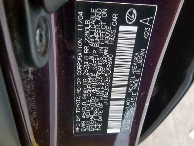 JTHBA30G355089690 - 2005 LEXUS ES 330 PURPLE photo 10