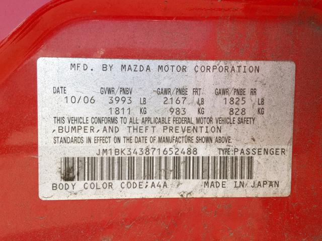 JM1BK343871652488 - 2007 MAZDA 3 HATCHBAC RED photo 10