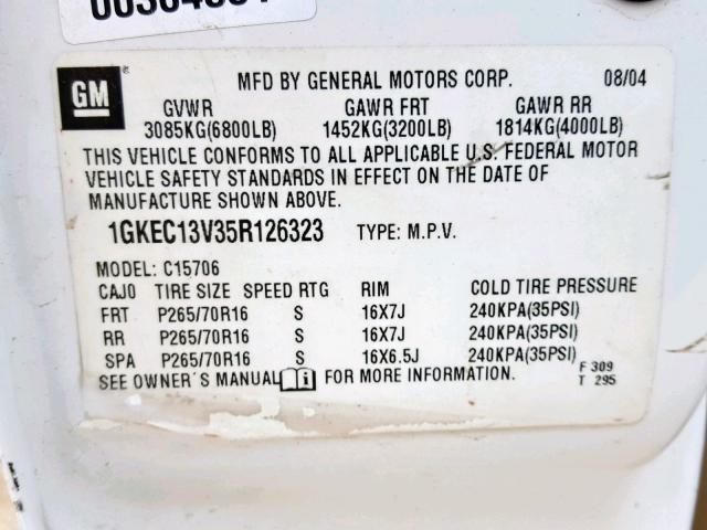 1GKEC13V35R126323 - 2005 GMC YUKON WHITE photo 10