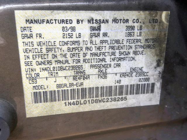 1N4DL01D8WC238265 - 1998 NISSAN ALTIMA XE GREEN photo 10