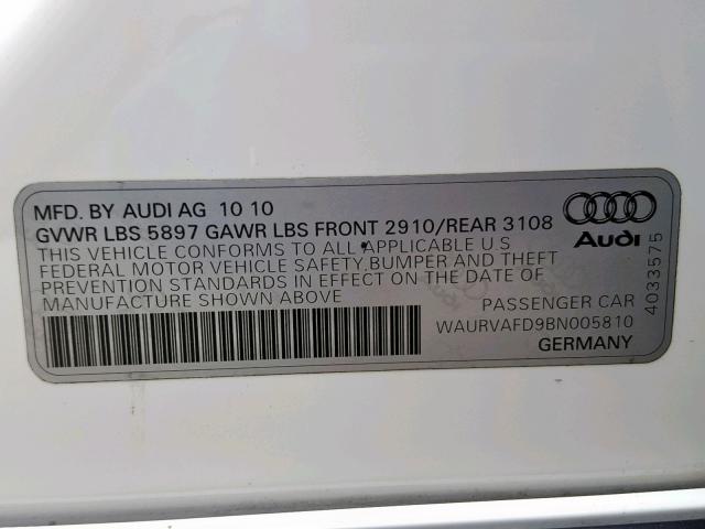 WAURVAFD9BN005810 - 2011 AUDI A8 L QUATT WHITE photo 10