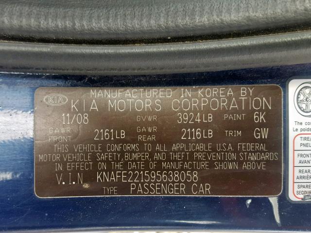 KNAFE221595638058 - 2009 KIA SPECTRA EX BLUE photo 10