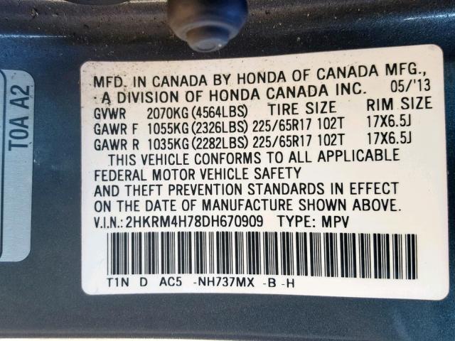 2HKRM4H78DH670909 - 2013 HONDA CR-V EXL GRAY photo 10