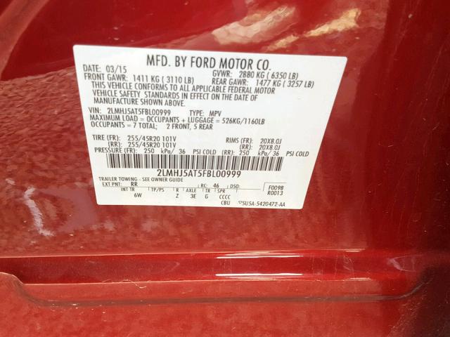 2LMHJ5AT5FBL00999 - 2015 LINCOLN MKT RED photo 10