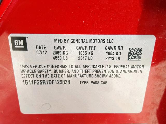 1G11F5SR1DF125838 - 2013 CHEVROLET MALIBU 2LT RED photo 10