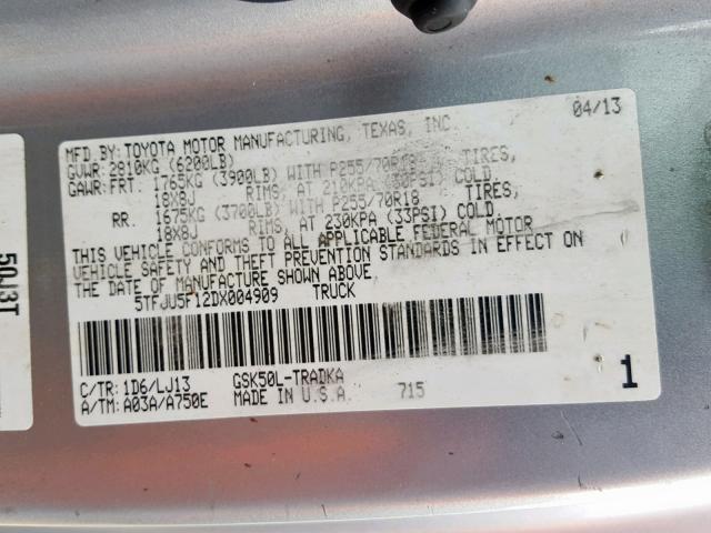 5TFJU5F12DX004909 - 2013 TOYOTA TUNDRA GRAY photo 10