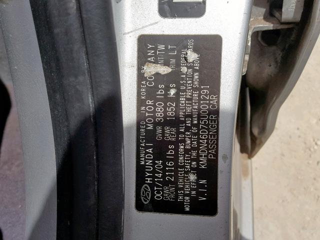 KMHDN46D75U001291 - 2005 HYUNDAI ELANTRA GL SILVER photo 10