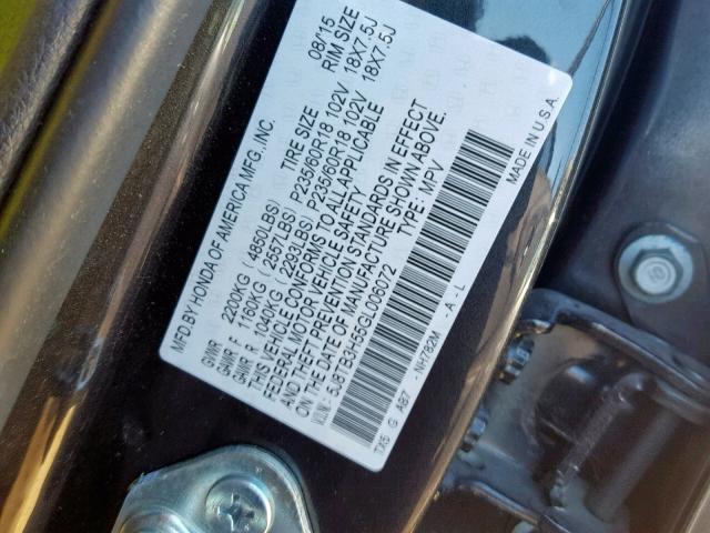 5J8TB3H55GL006072 - 2016 ACURA RDX TECHNO GRAY photo 10