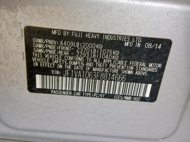 JF1VA1D63F8814666 - 2015 SUBARU WRX PREMIU SILVER photo 10