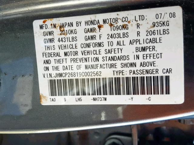 JHMCP26819C002562 - 2009 HONDA ACCORD EXL GRAY photo 10