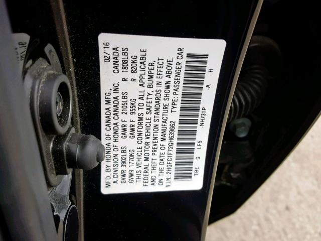 2HGFC1F72GH639662 - 2016 HONDA CIVIC EXL 黑色 照片 10