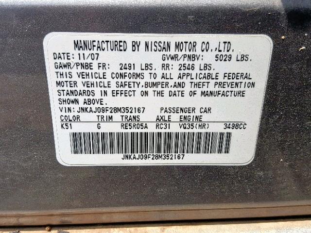 JNKAJ09F28M352167 - 2008 INFINITI EX35 BASE Boz foto 10