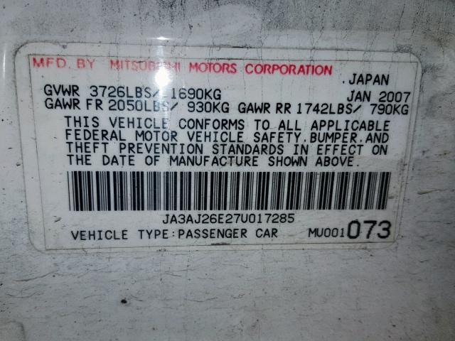 JA3AJ26E27U017285 - 2007 MITSUBISHI LANCER ES WHITE photo 10