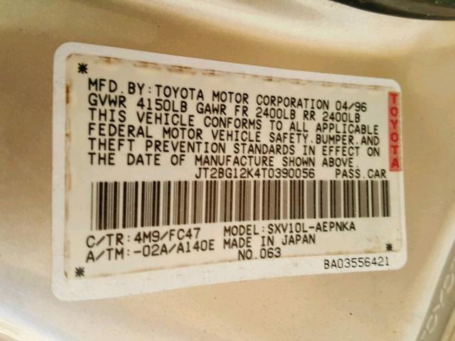 JT2BG12K4T0390056 - 1996 TOYOTA CAMRY DX BEIGE photo 10