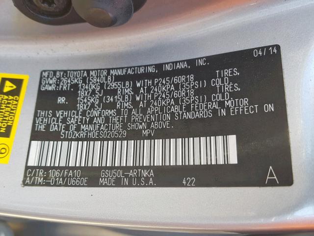 5TDZKRFH0ES020529 - 2014 TOYOTA HIGHLANDER 银色 照片 10