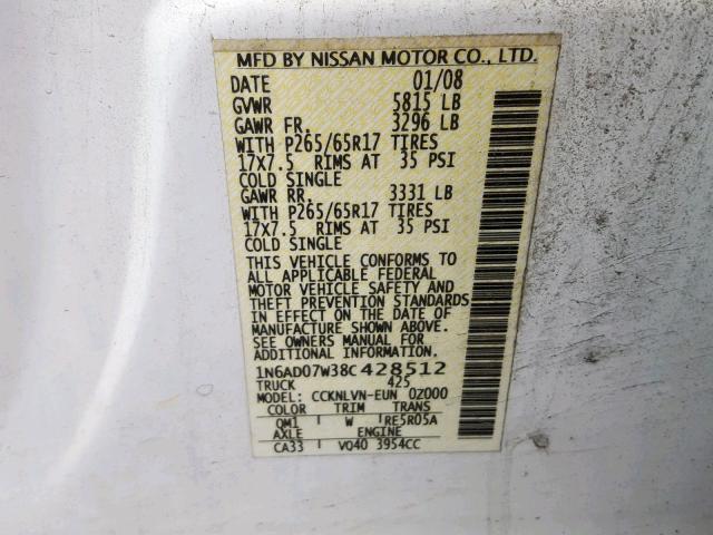 1N6AD07W38C428512 - 2008 NISSAN FRONTIER C WHITE photo 10