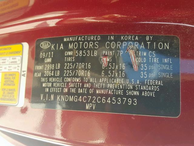 KNDMG4C72C6453793 - 2012 KIA SEDONA LX RED photo 10