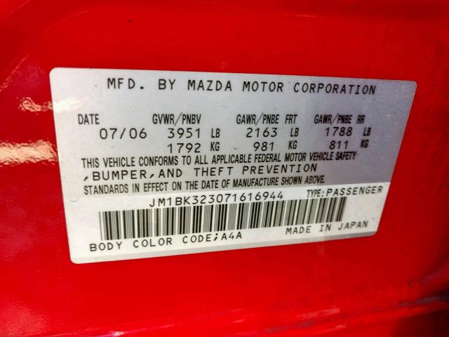 JM1BK323071616944 - 2007 MAZDA 3 S RED photo 10