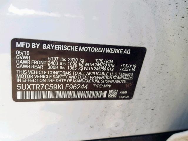 5UXTR7C59KLE96244 - 2019 BMW X3 SDRIVE3 WHITE photo 10