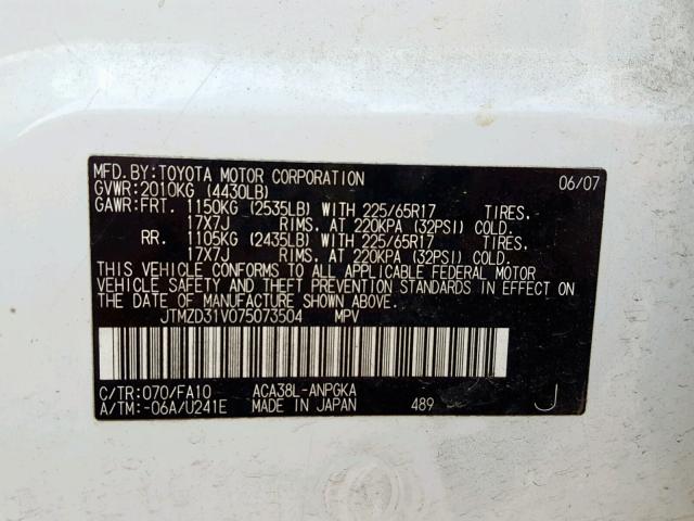 JTMZD31V075073504 - 2007 TOYOTA RAV4 LIMIT WHITE photo 10