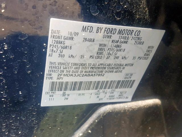 2FMDK3JC2ABA57852 - 2010 FORD EDGE SEL BLUE photo 10