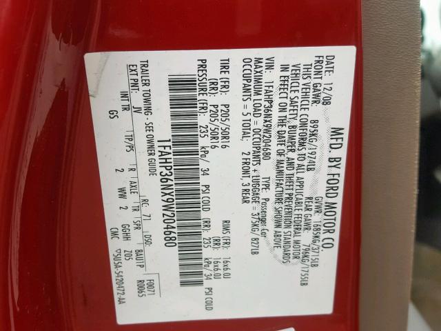 1FAHP36NX9W204680 - 2009 FORD FOCUS SES RED photo 10