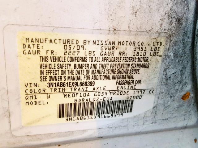 3N1AB61EX9L668399 - 2009 NISSAN SENTRA 2.0 WHITE photo 10