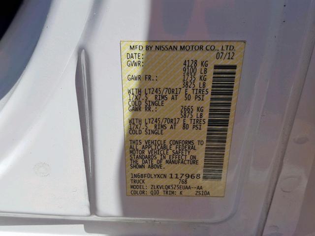 1N6BF0LYXCN117968 - 2012 NISSAN NV 2500 WHITE photo 10