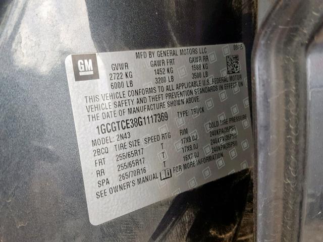 1GCGTCE38G1117369 - 2016 CHEVROLET COLORADO L CHARCOAL photo 10