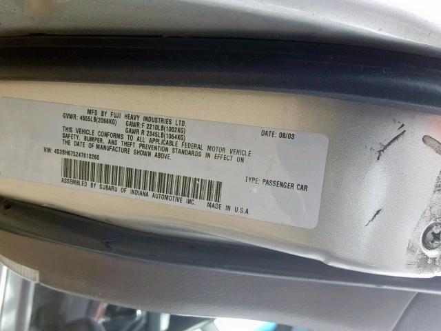 4S3BH675247610260 - 2004 SUBARU LEGACY OUT SILVER photo 10