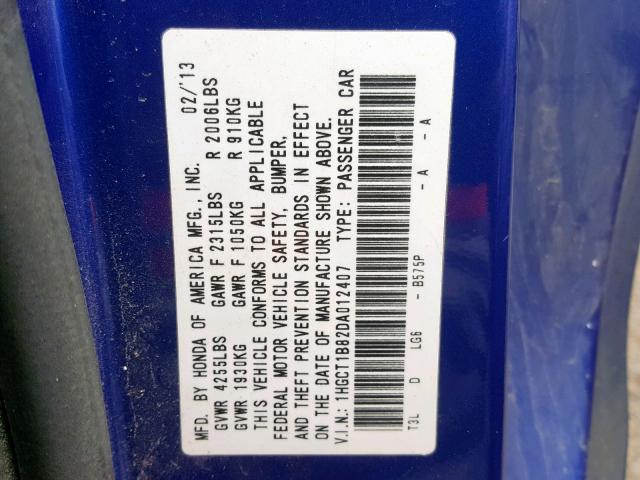 1HGCT1B82DA012407 - 2013 HONDA ACCORD EXL BLUE photo 10