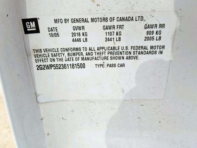 2G2WP552361181500 - 2006 PONTIAC GRAND PRIX WHITE photo 10