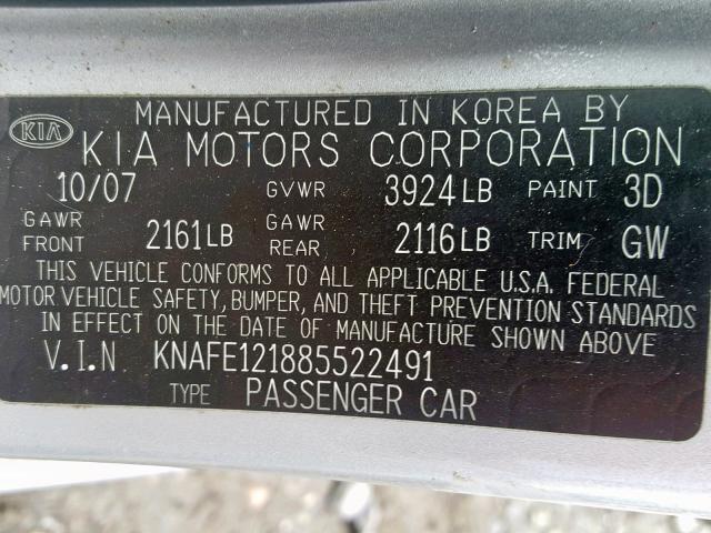 KNAFE121885522491 - 2008 KIA SPECTRA EX SILVER photo 10