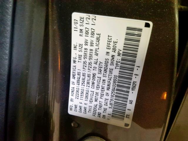 5J8TB18258A008900 - 2008 ACURA RDX GRAY photo 10