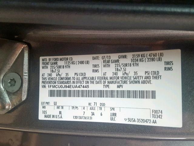 1FMCU0J94EUA47445 - 2014 FORD ESCAPE TIT GRAY photo 10