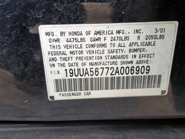 19UUA56772A006909 - 2002 ACURA 3.2TL BLACK photo 10