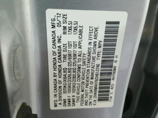 2HKRM4H76CH612246 - 2012 HONDA CR-V EXL SILVER photo 10