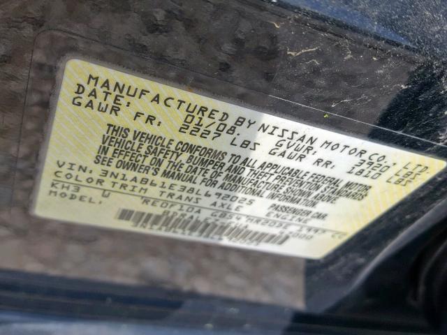 3N1AB61E38L692025 - 2008 NISSAN SENTRA 2.0 BLACK photo 10