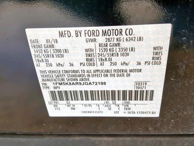 1FM5K8AR9JGA72198 - 2018 FORD EXPLORER P TWO TONE photo 10