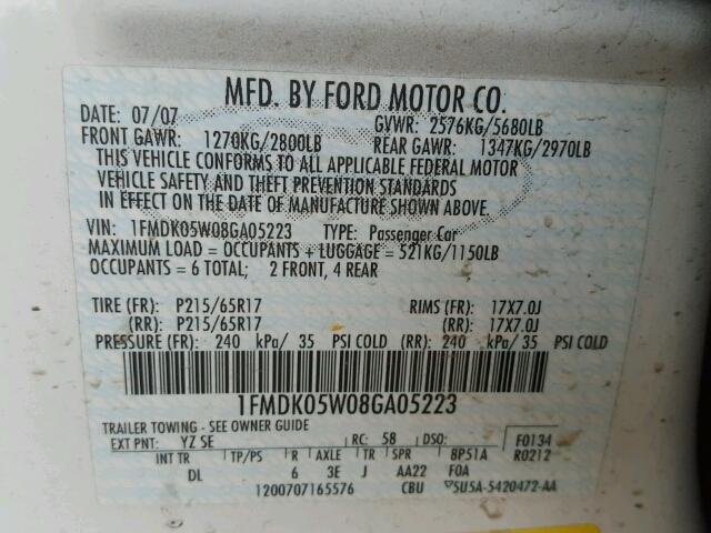 1FMDK05W08GA05223 - 2008 FORD TAURUS X S WHITE photo 10