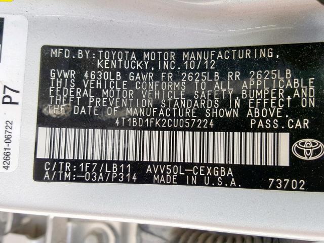 4T1BD1FK2CU057224 - 2012 TOYOTA CAMRY HYBR SILVER photo 10