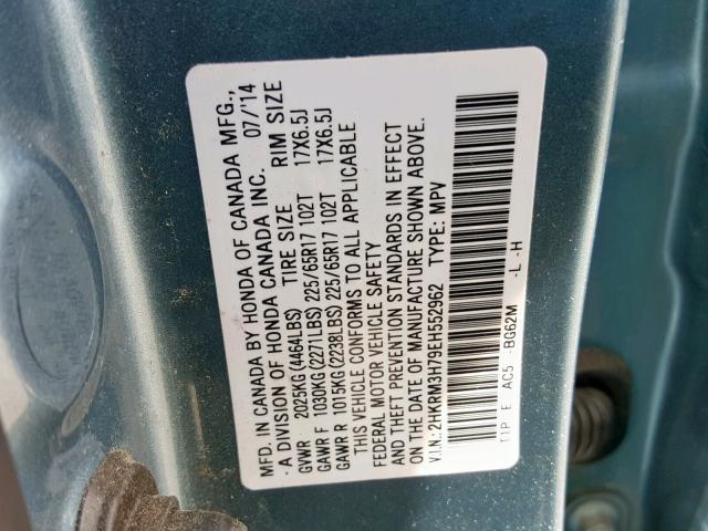 2HKRM3H79EH552962 - 2014 HONDA CR-V EXL TEAL photo 10