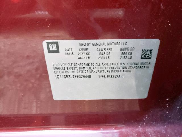 1G11C5SL7FF329440 - 2015 CHEVROLET MALIBU 1LT წითელი ფოტო 10